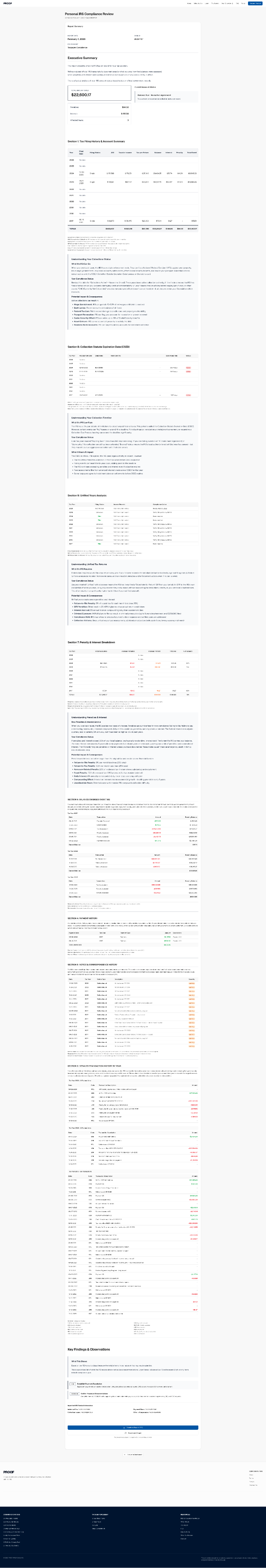 PROOF IRS Transcript Analysis Report — showing filing status, payment history, penalties, and compliance options